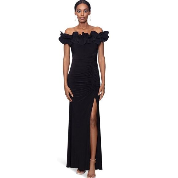 XSCAPE 3856X Off the Shoulder Ruffle Crepe Trumpet Gown black NWT $258 - Picture 4 of 6
